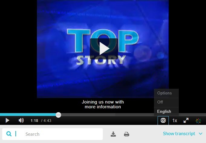 A screenshot of a streaming video with English language captions turned on.